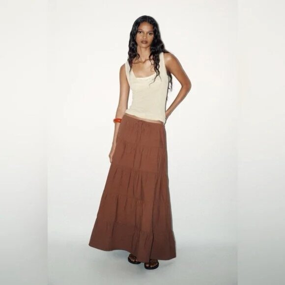 🌞 ZARA Tiered Maxi Skirt in Chocolate Brown Extra Small XS - Picture 2 of 13